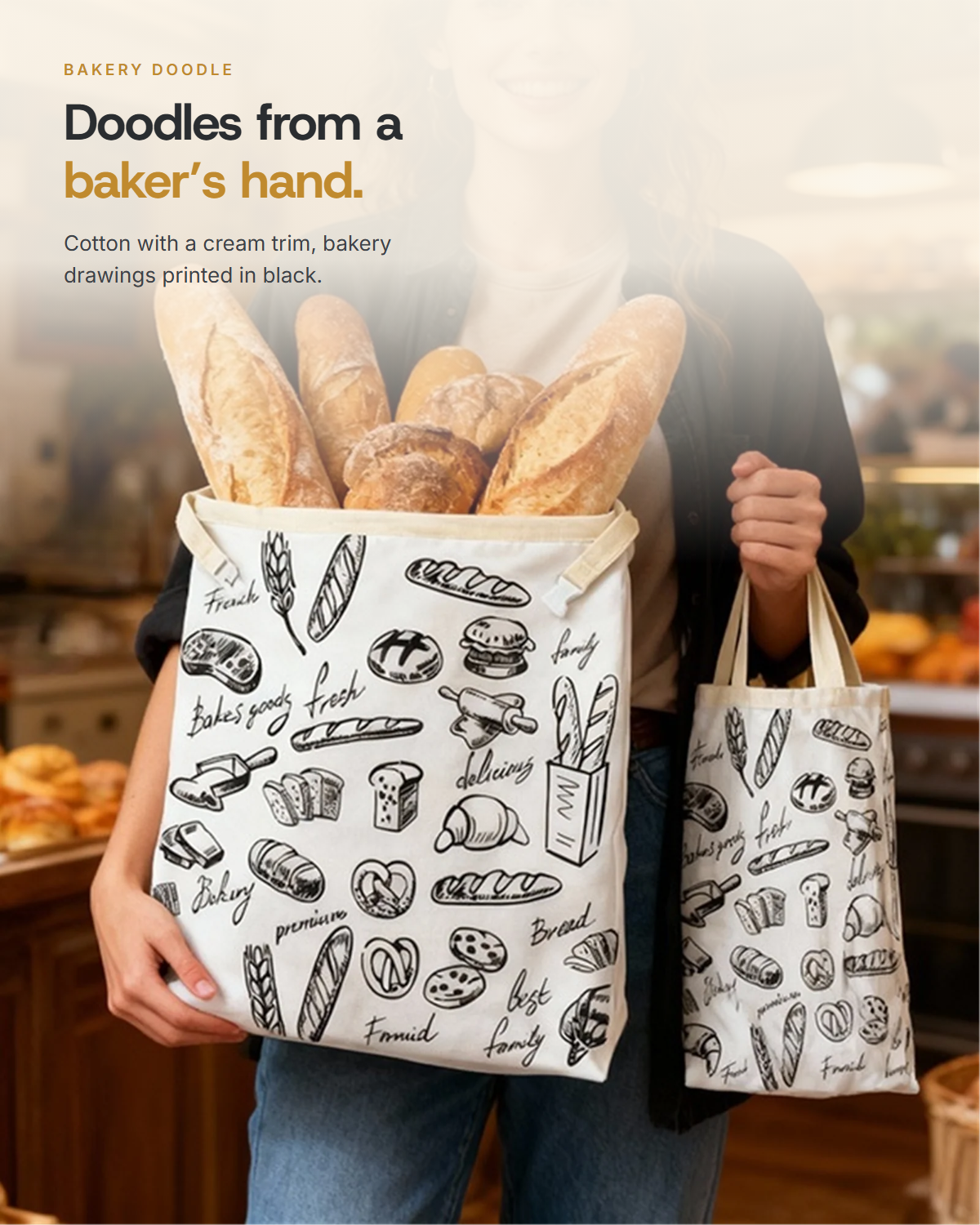 Bakery Doodle - cotton with a cream trim and bakery drawings printed in black