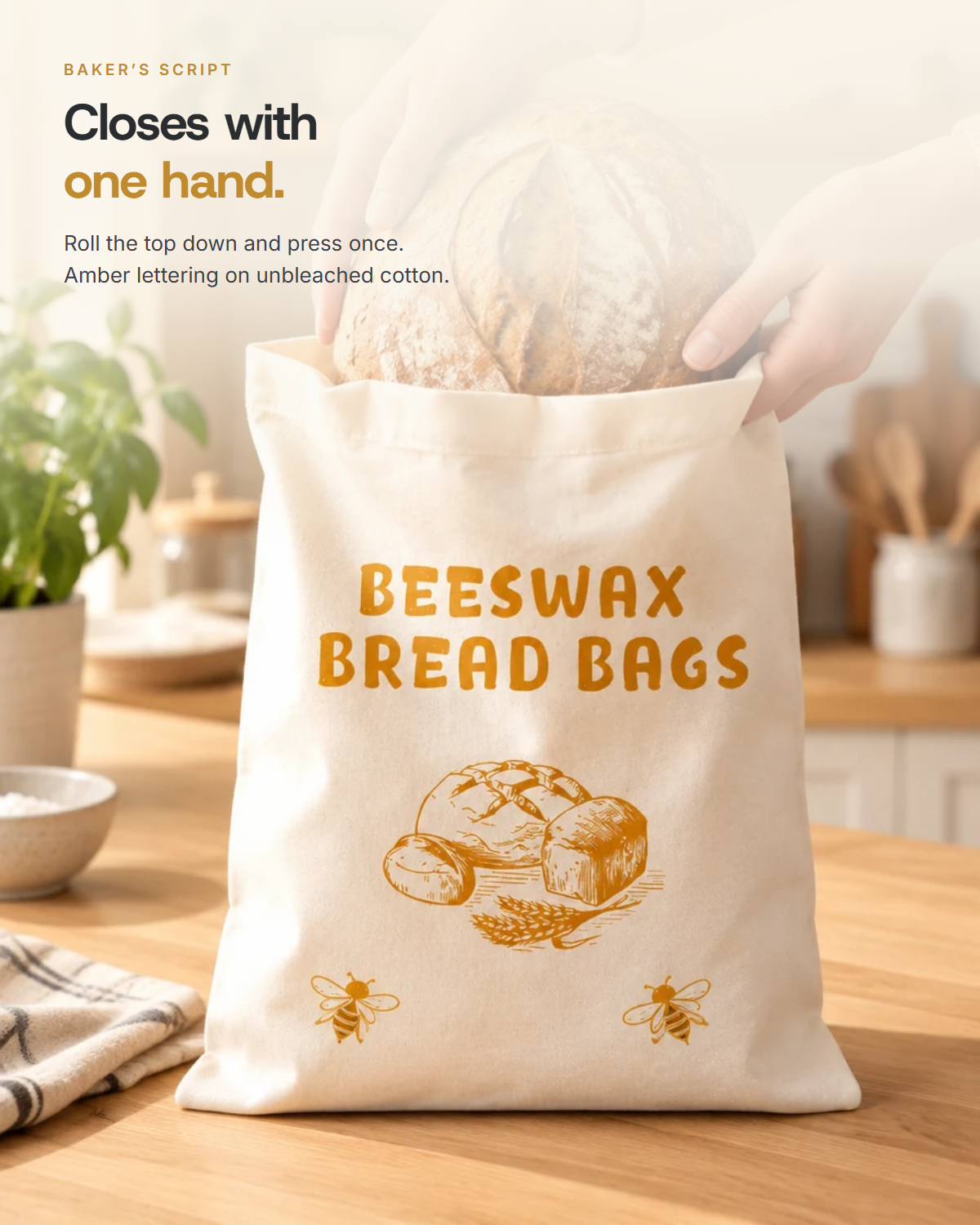 Baker's Script - closes one-handed, amber lettering on unbleached cotton