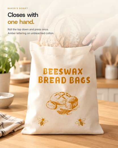 Baker's Script - closes one-handed, amber lettering on unbleached cotton
