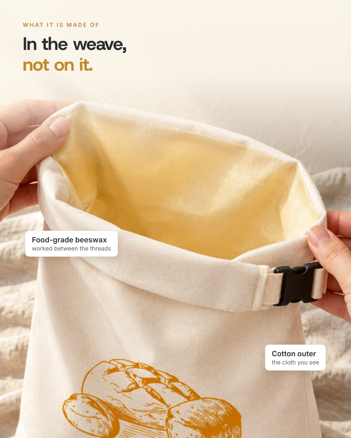 The waxed lining, with food-grade beeswax worked between the cotton threads