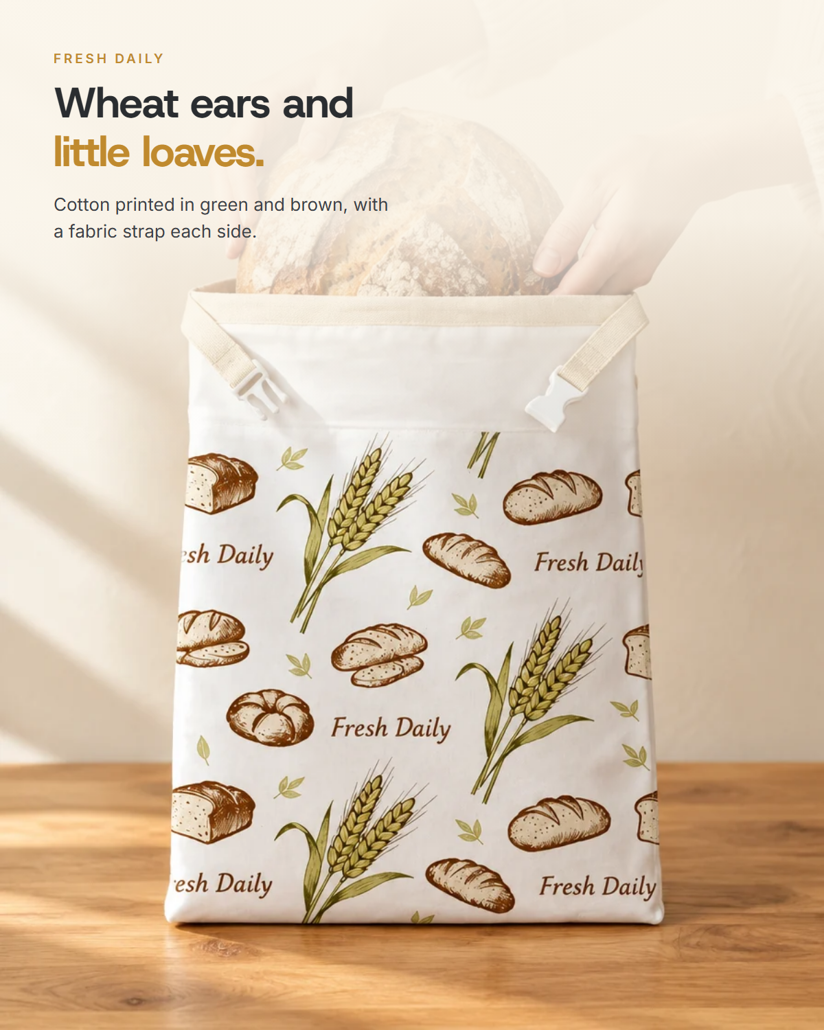 Fresh Daily - cotton printed with green wheat ears and brown loaves