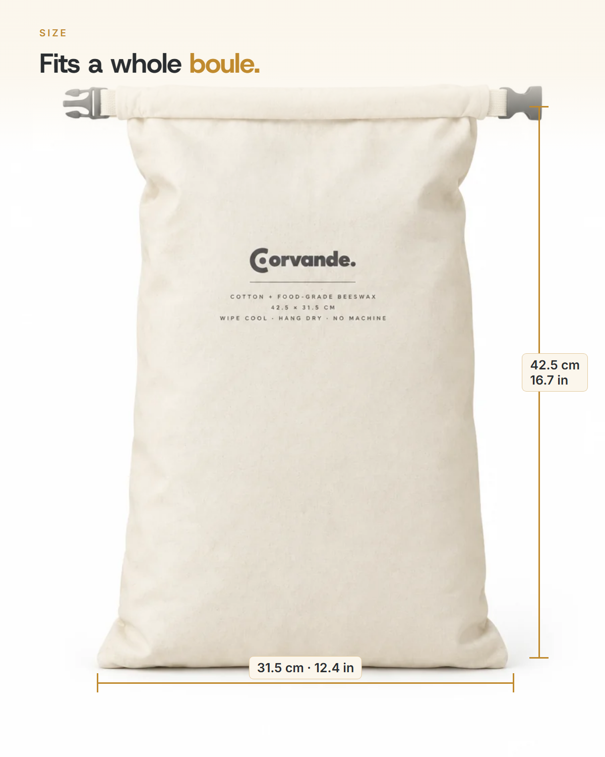 Size diagram - 42.5 by 31.5 cm, fits a whole sourdough boule