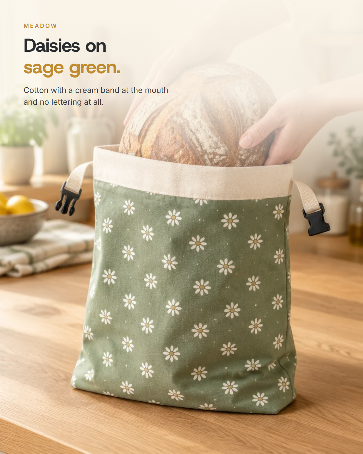Meadow - cotton in sage green with white daisies and a cream band