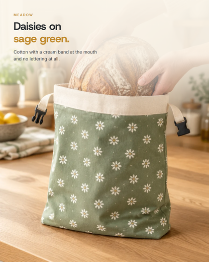 Meadow - cotton in sage green with white daisies and a cream band