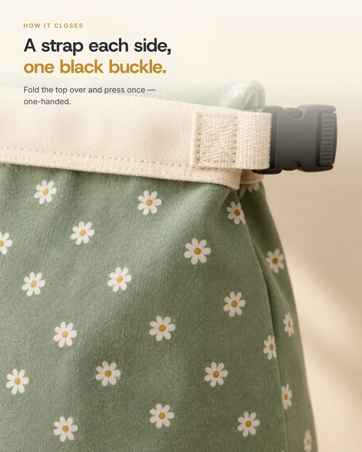 A fabric strap each side joined by a black side-release buckle