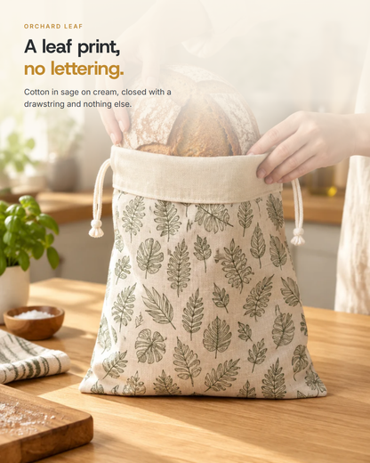 Orchard Leaf - cotton in sage on cream, closed with a drawstring
