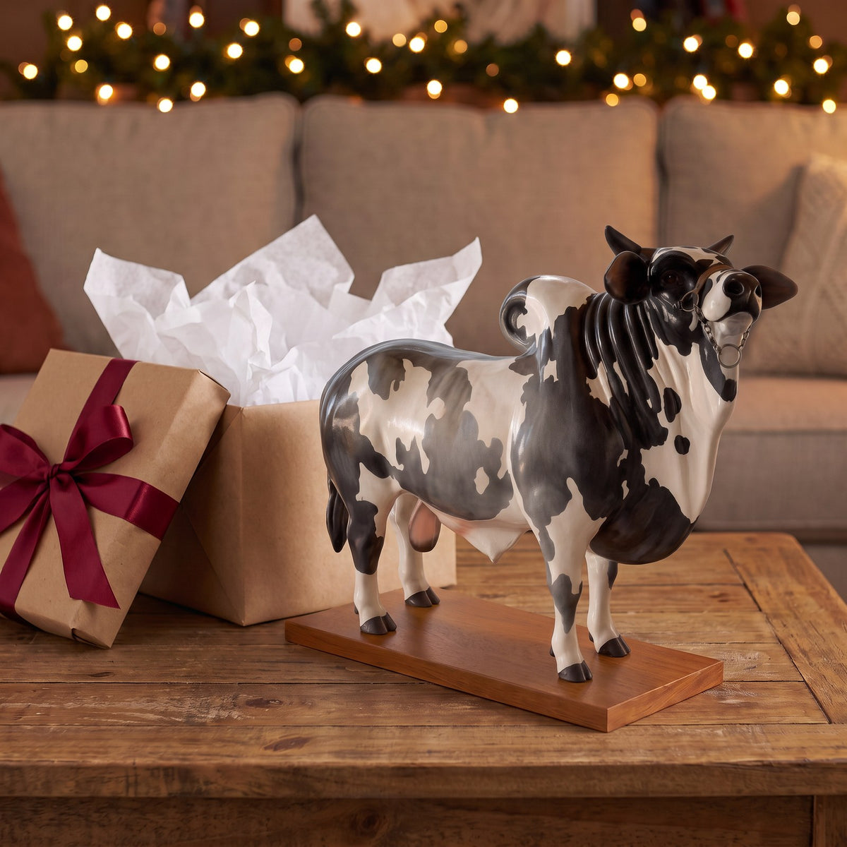 Black and white Pour Bull next to an opened gift box