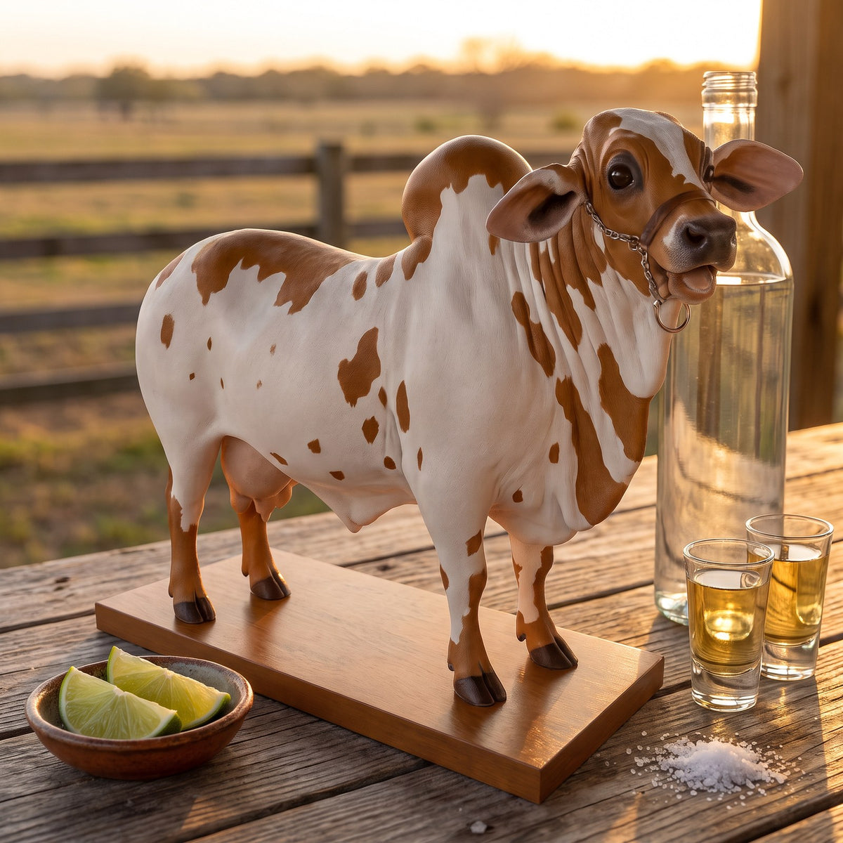 Caramel and white Pour Bull on a ranch porch table with tequila and limes