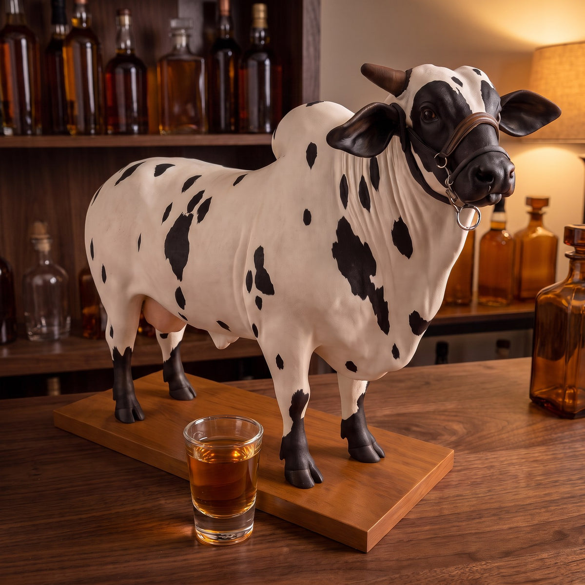 The Pour Bull on a home bar with a shot of whiskey under its belly