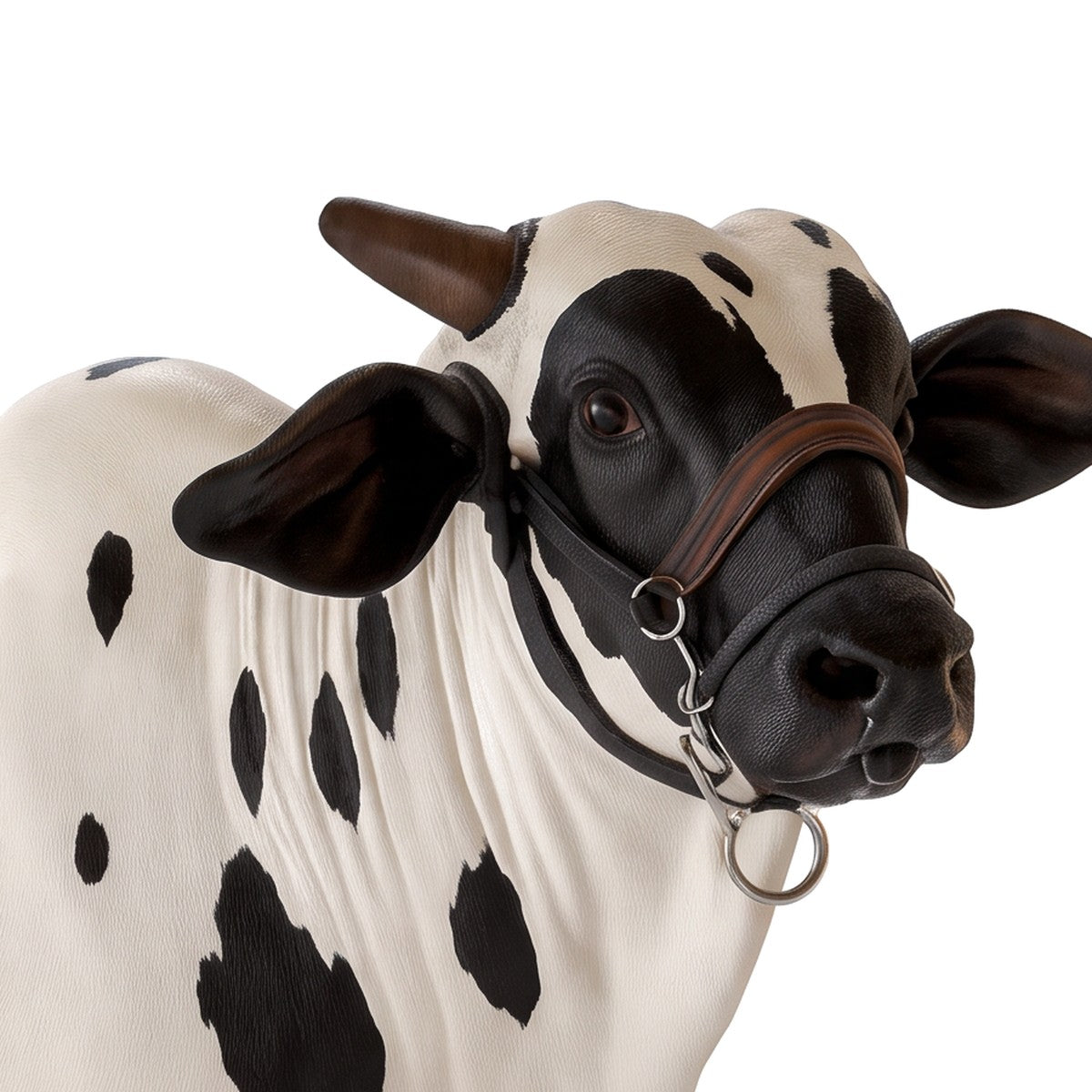 Close-up of the painted face, horns and halter