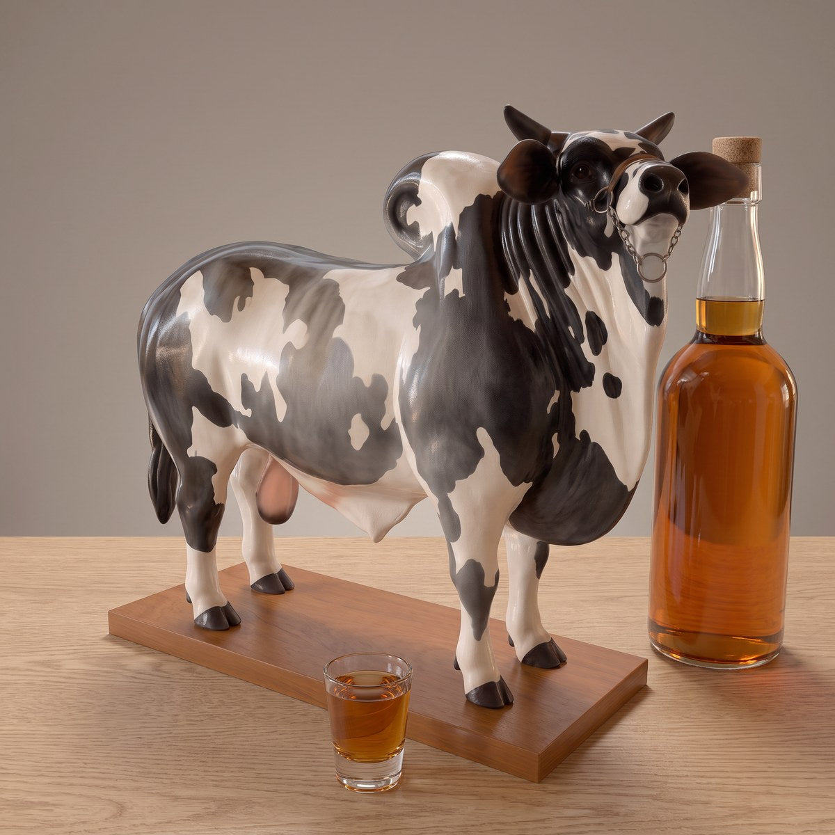 The Pour Bull next to a 750 ml whiskey bottle and a shot glass for scale