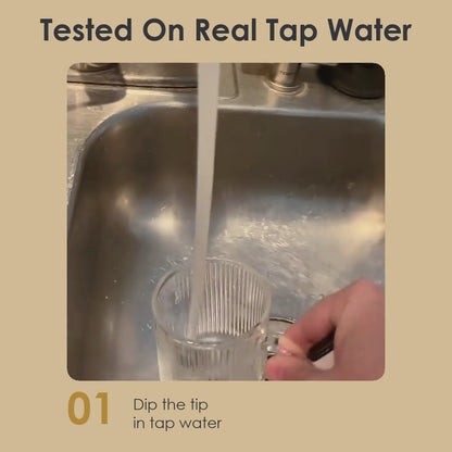 Pen dipped in a glass of kitchen tap water: the screen turns from green to red at 319 ppm