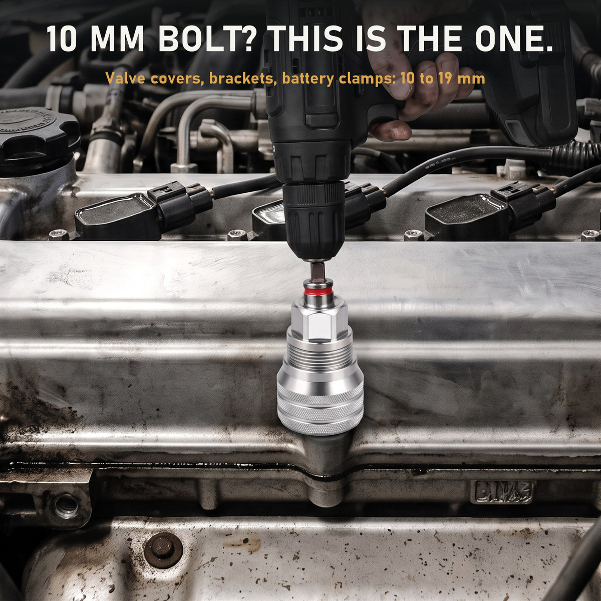 SixJaw on a drill removing a 10 mm valve cover bolt