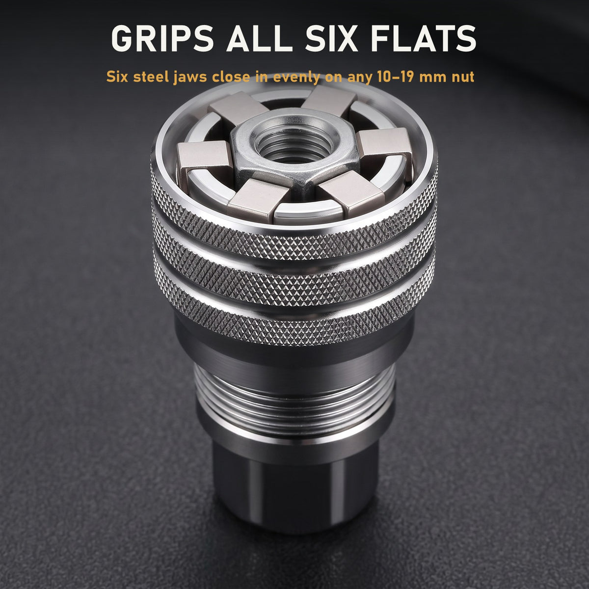 Six jaws gripping all six flats of a nut