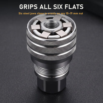 Six jaws gripping all six flats of a nut