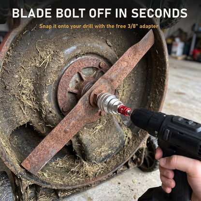 Removing a lawn mower blade bolt with SixJaw on a drill