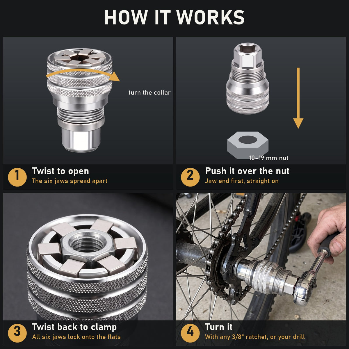 How SixJaw works: twist to open, push over the nut, twist to clamp, turn