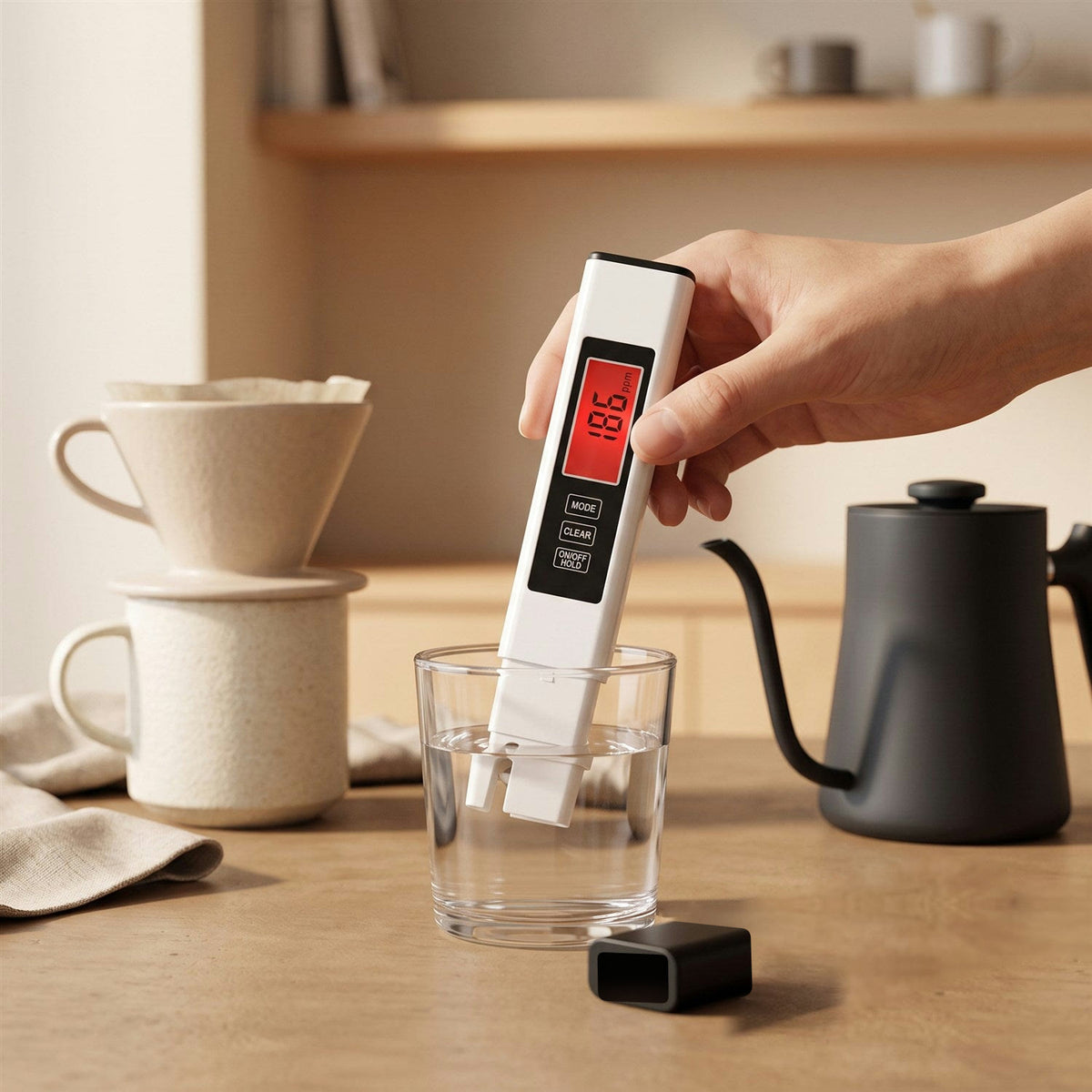 Tester pen reading kettle water next to a pour-over coffee set