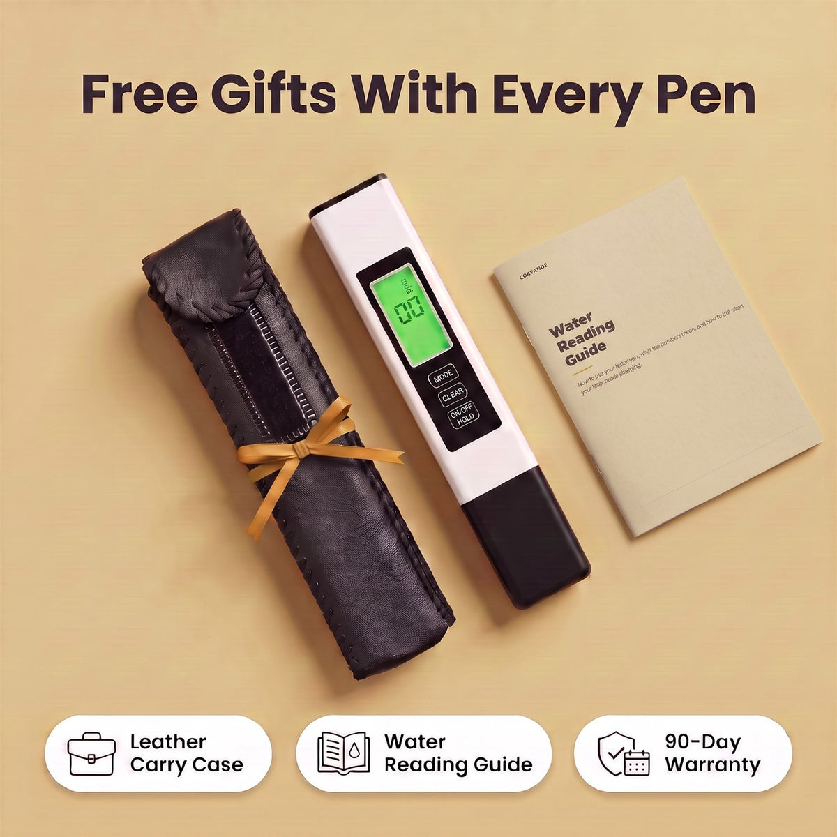 Free gifts: leather carry case, water reading guide, 90-day warranty