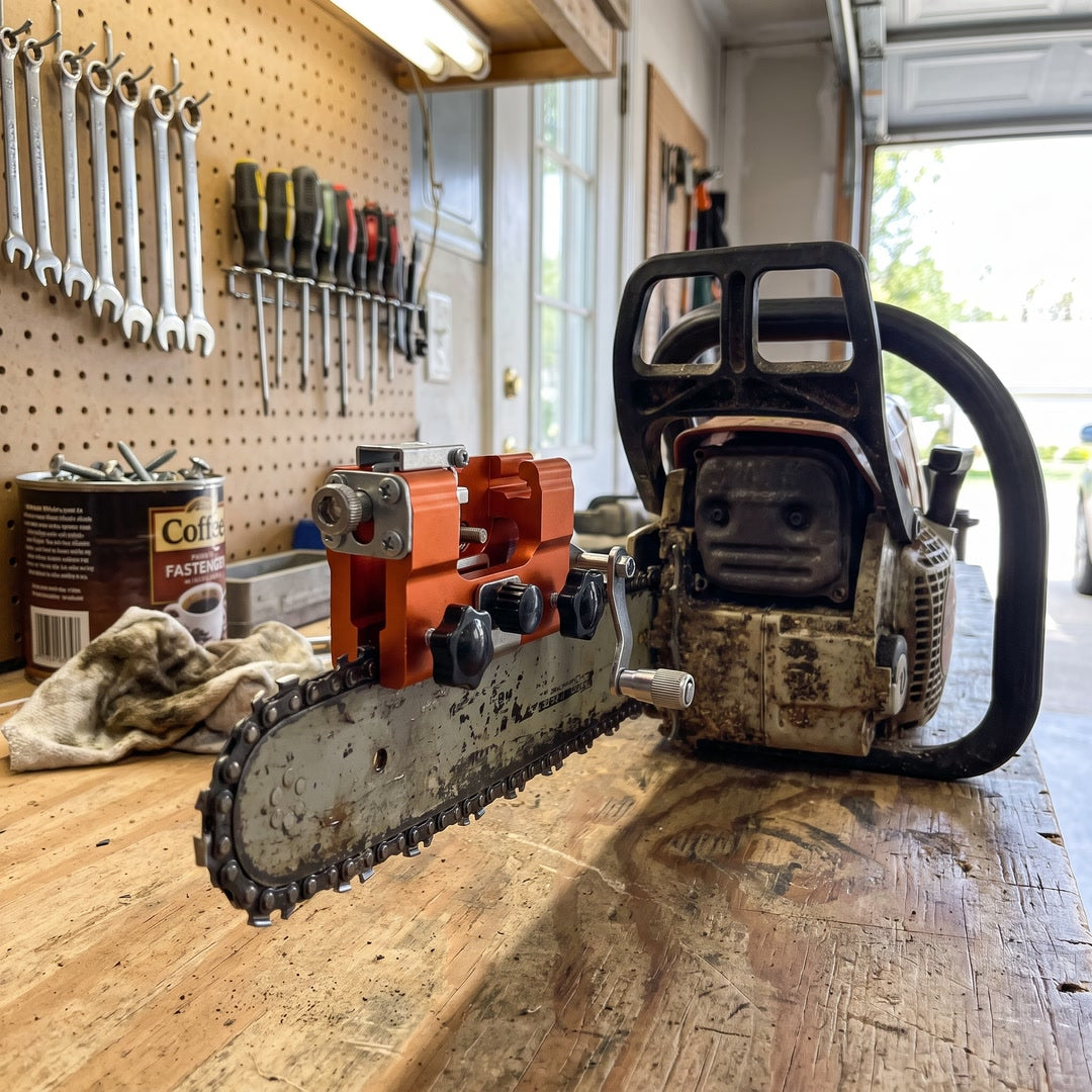 TrueTooth chainsaw sharpener clamped on a chainsaw bar on a garage workbench