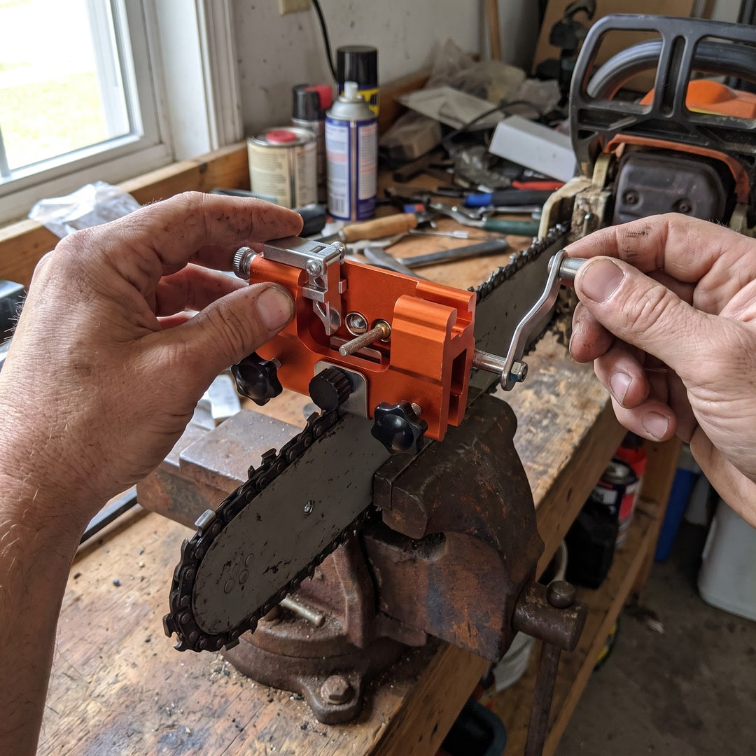 Hands turning the crank of the TrueTooth sharpener on a bar held in a bench vise
