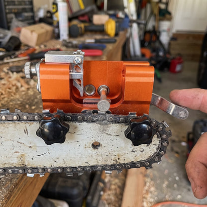 Close-up of the TrueTooth grinding bit at a chain cutter tooth