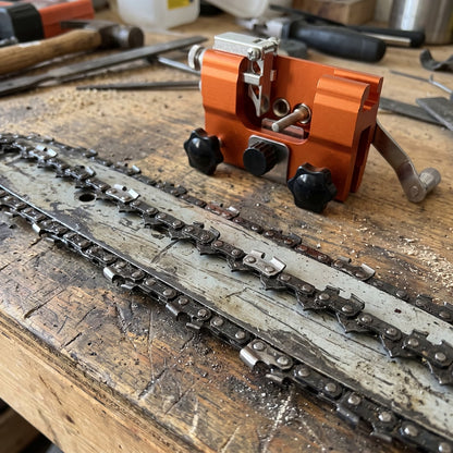 Freshly sharpened chainsaw chain next to the TrueTooth sharpener
