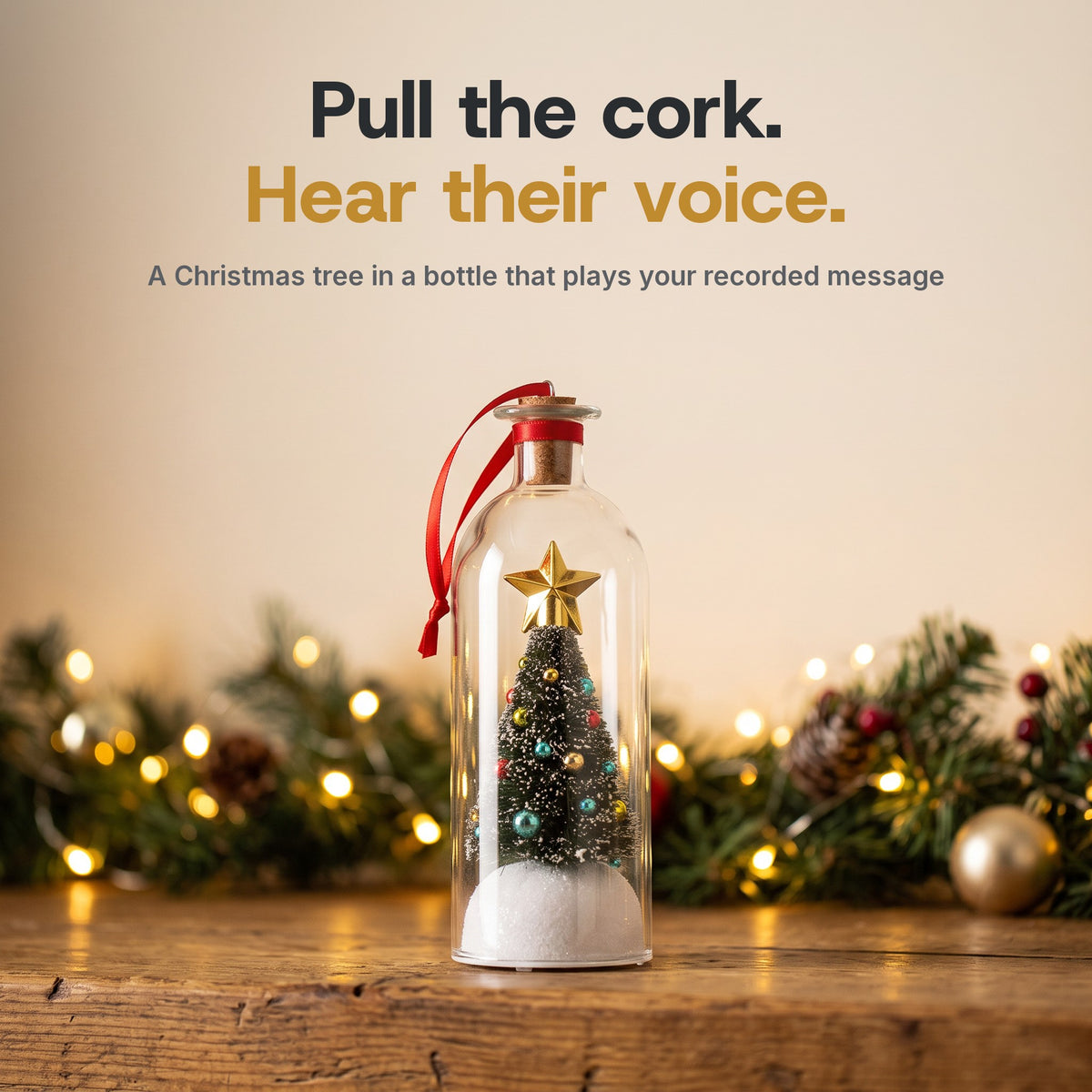 The Voice Bottle: a bottle-brush Christmas tree in a corked bottle that plays a recorded message