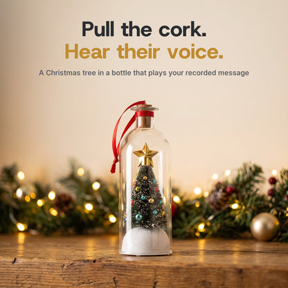 The Voice Bottle: a bottle-brush Christmas tree in a corked bottle that plays a recorded message