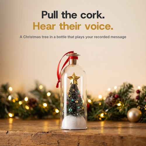 The Voice Bottle: a bottle-brush Christmas tree in a corked bottle that plays a recorded message
