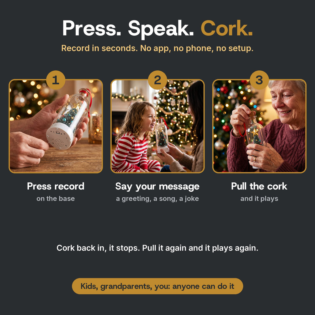 How it works: press record on the base, say your message, pull the cork to play it