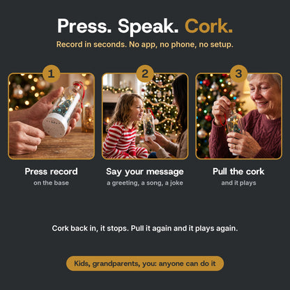 How it works: press record on the base, say your message, pull the cork to play it