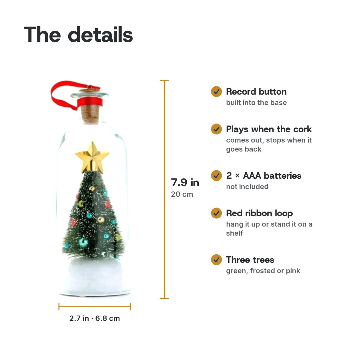 Voice Bottle details: 7.9 in tall, 2.7 in wide, record button on the base, 2 AAA batteries not included
