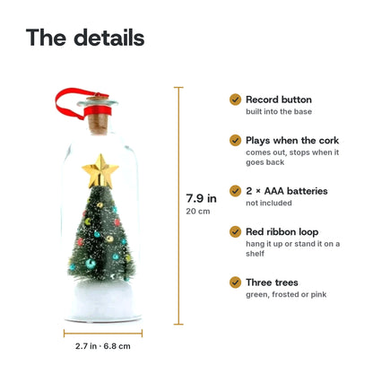Voice Bottle details: 7.9 in tall, 2.7 in wide, record button on the base, 2 AAA batteries not included