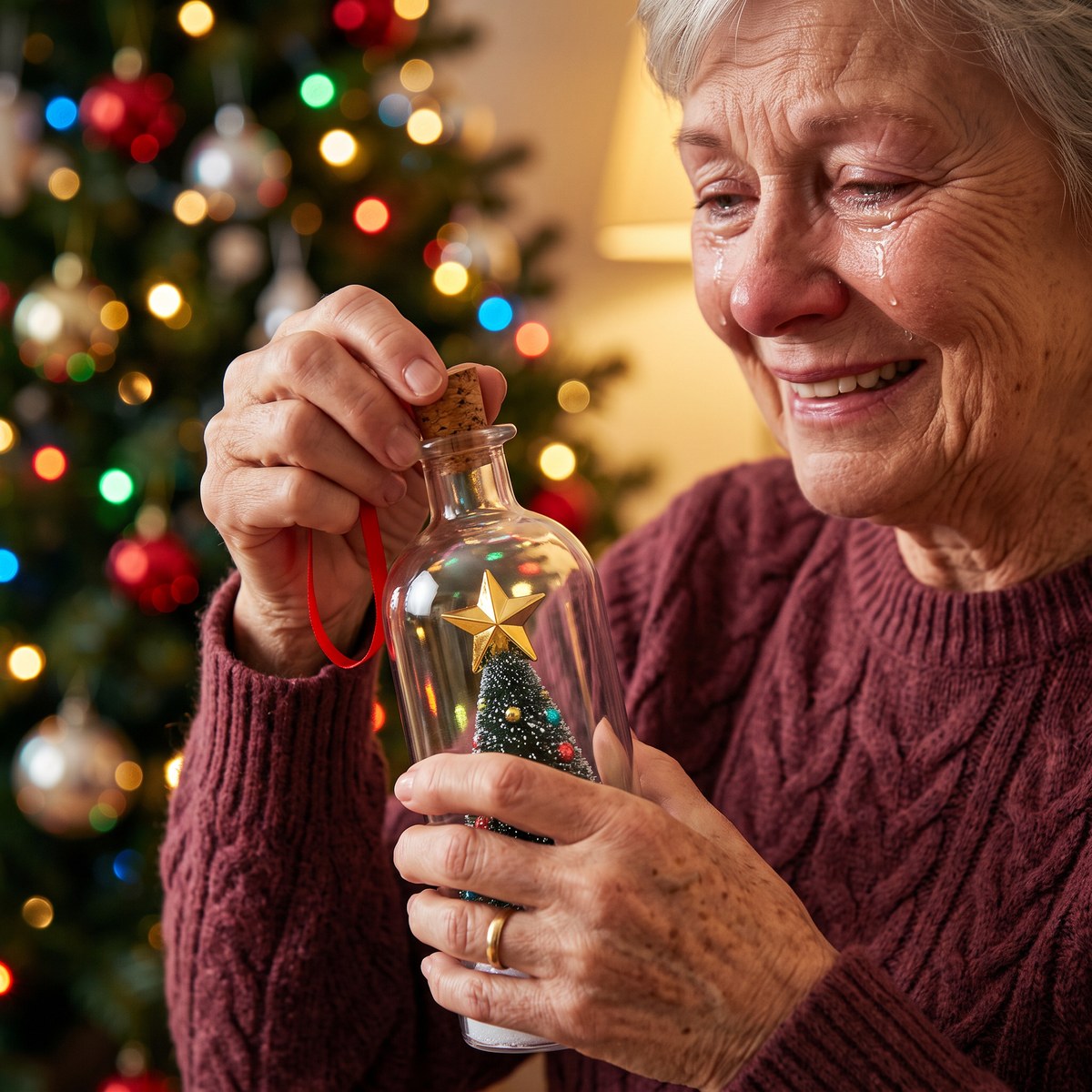 A grandmother pulls the cork and hears the message