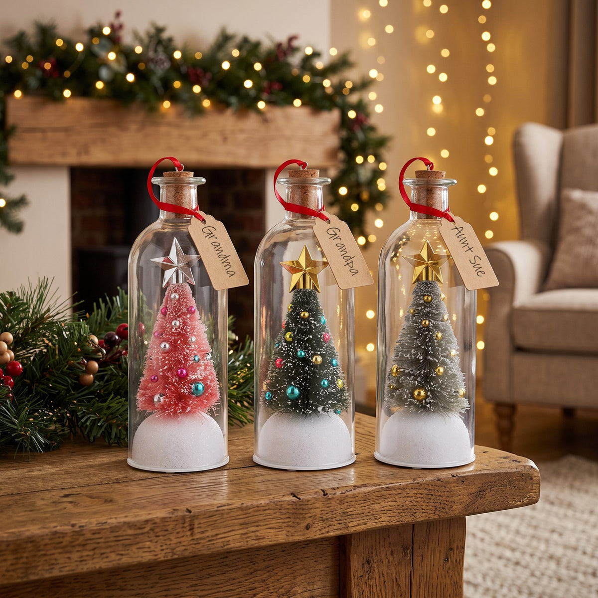 Three Voice Bottles tagged Grandma, Grandpa and Aunt Sue on a mantel
