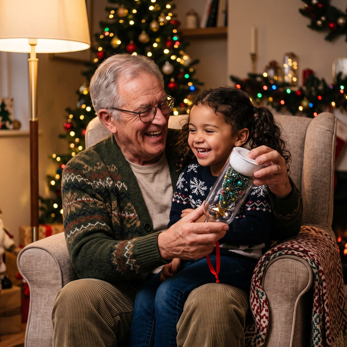 A grandfather and granddaughter recording a Christmas message