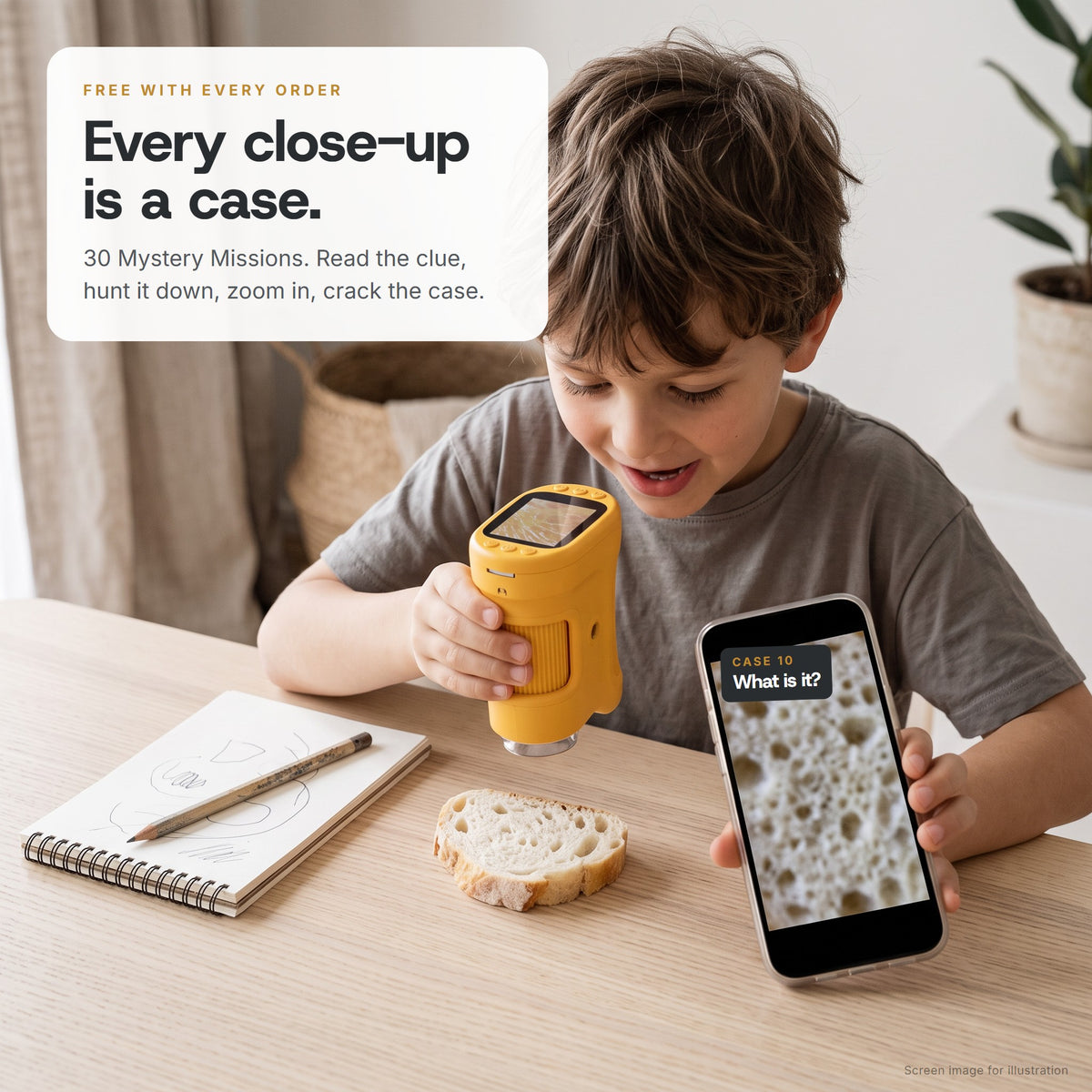 Child solving a Mystery Missions case, zooming on bread with the microscope while holding a phone with the case photo