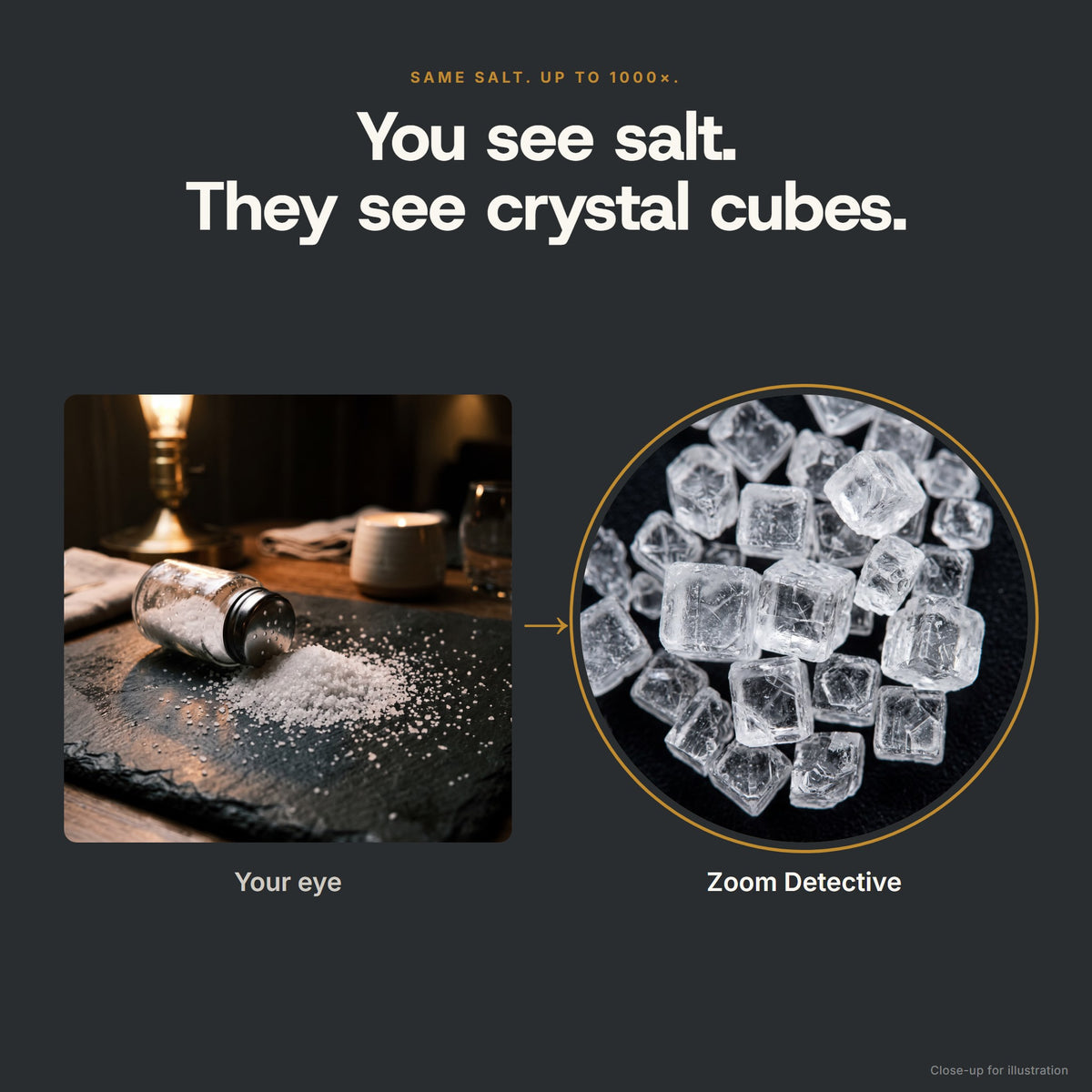 Salt as the eye sees it next to salt crystal cubes as seen through the microscope