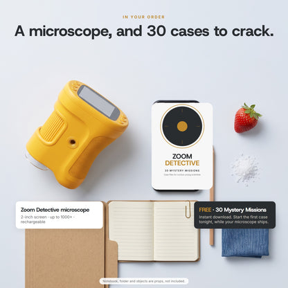 What's in the order: the microscope and the free 30 Mystery Missions digital case book shown on a phone