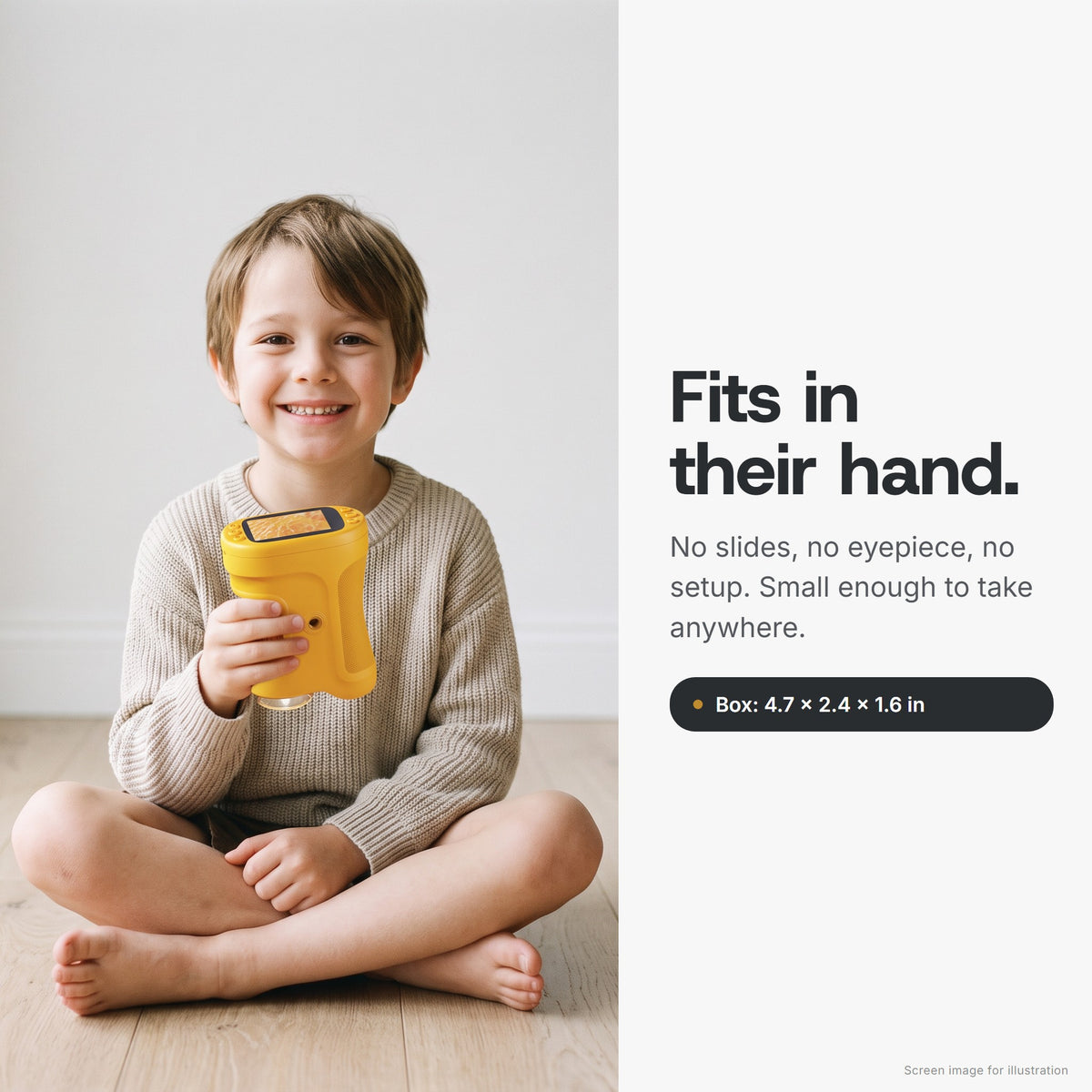 Child holding the Zoom Detective microscope in one hand to show its size