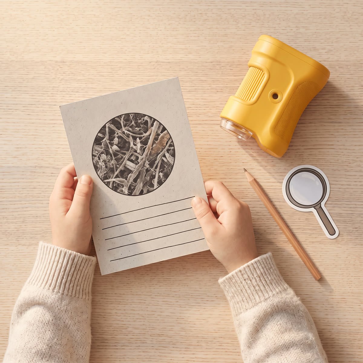 Child reading a mystery case card next to the Zoom Detective microscope