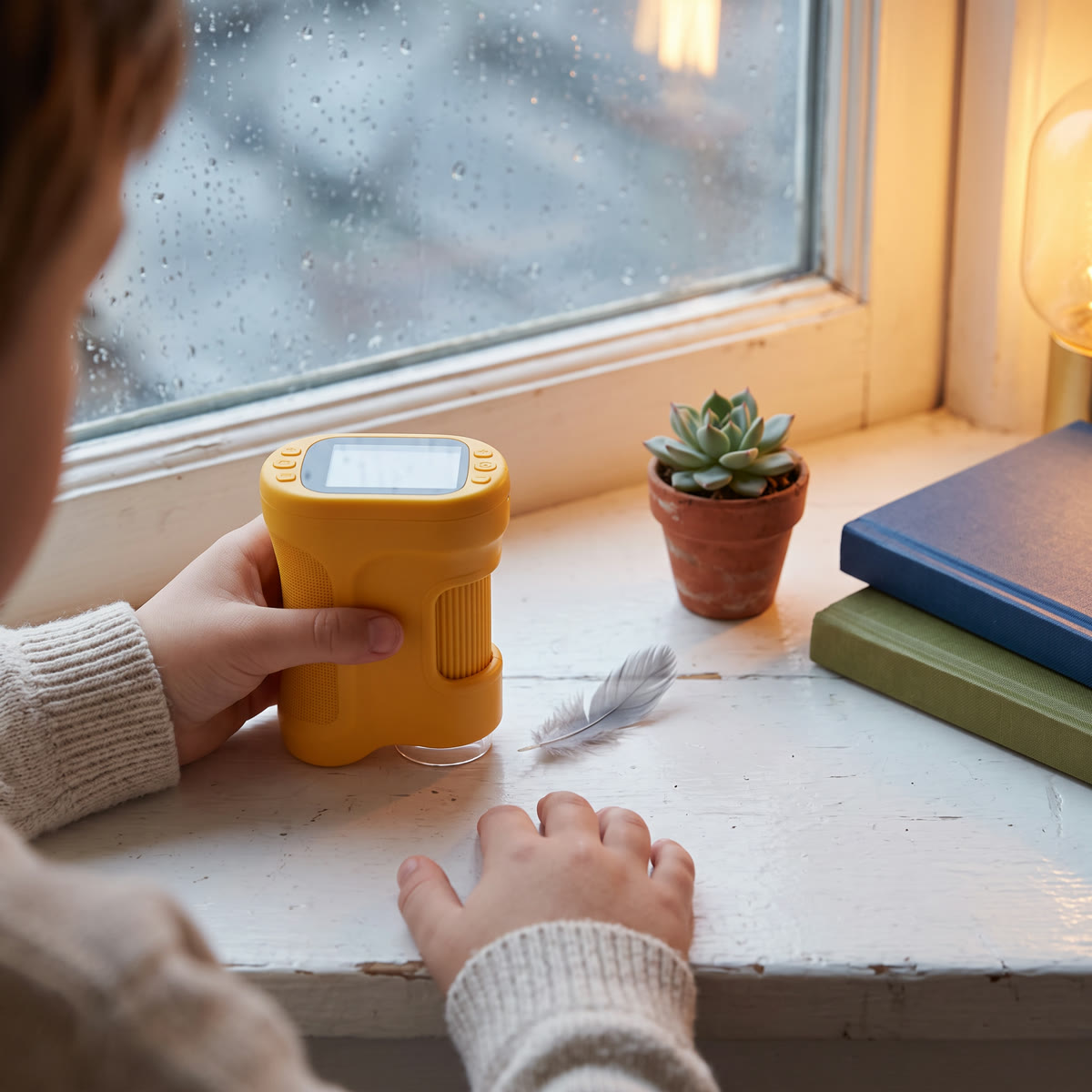 Child zooming in on a feather at a rainy windowsill
