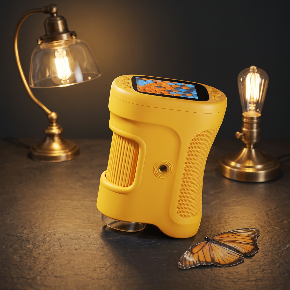 Zoom Detective on a desk showing sharp butterfly wing scales on its top screen